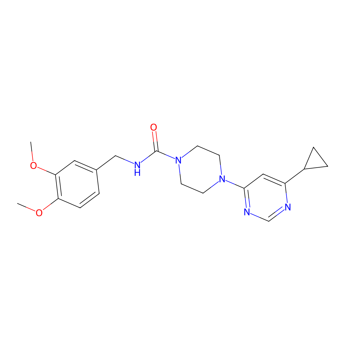 4-(6-cyclopropylpyrimidin-4-yl)-N-(3,4-dimethoxybenzyl)piperazine-1-carboxamide molecular structure, CAS 1787918-13-1