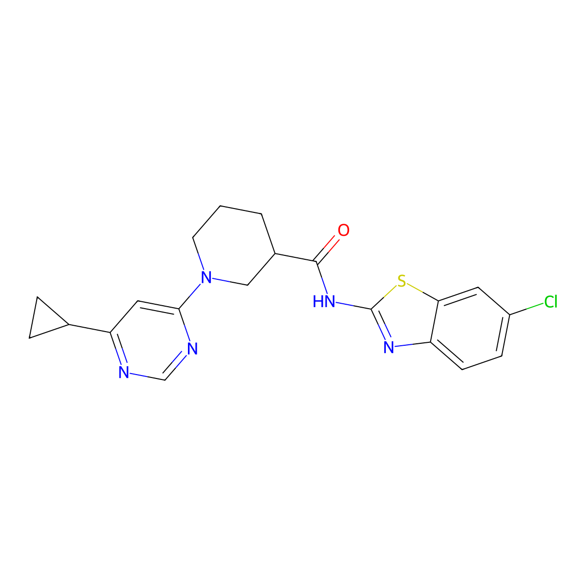 N-(6-chlorobenzo[d]thiazol-2-yl)-1-(6-cyclopropylpyrimidin-4-yl)piperidine-3-carboxamide molecular structure, CAS 1787918-28-8