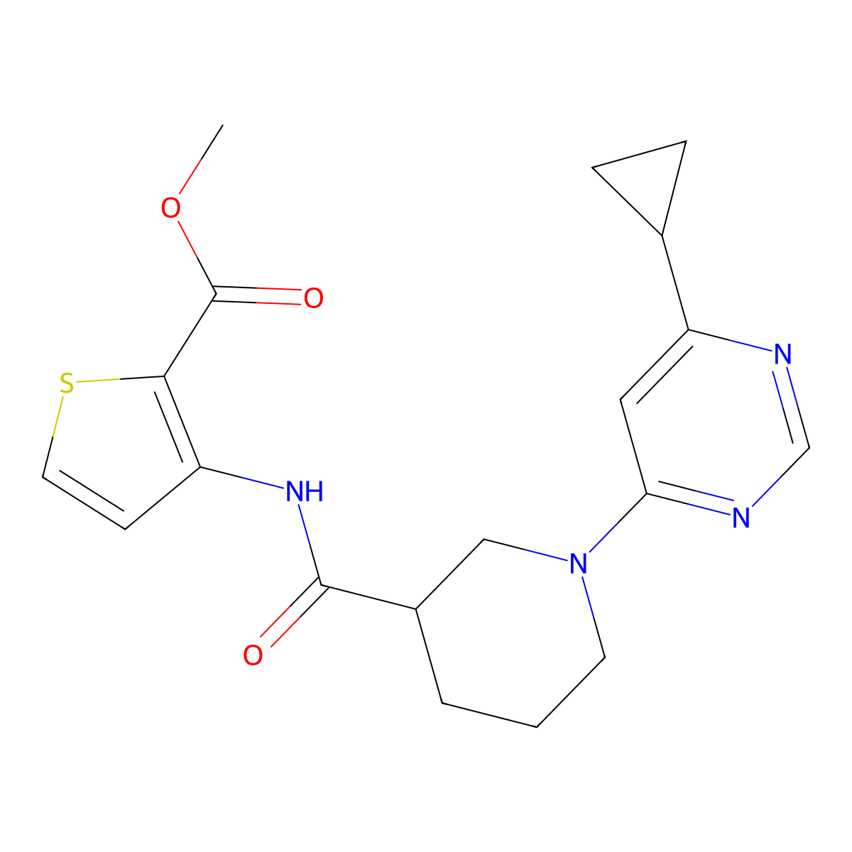 Methyl 3-(1-(6-cyclopropylpyrimidin-4-yl)piperidine-3-carboxamido)thiophene-2-carboxylate molecular structure, CAS 1787918-35-7