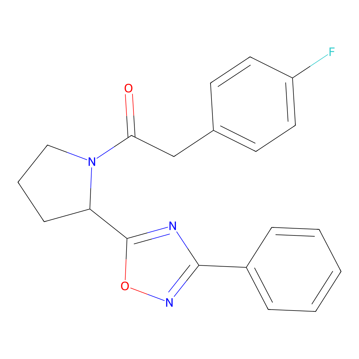 5-{1-[(4-Fluorophenyl)acetyl]pyrrolidin-2-yl}-3-phenyl-1,2,4-oxadiazole molecular structure, CAS 1787977-38-1