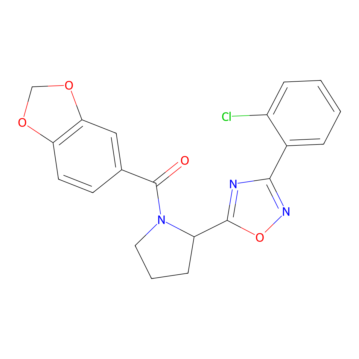 5-[1-(1,3-Benzodioxol-5-ylcarbonyl)pyrrolidin-2-yl]-3-(2-chlorophenyl)-1,2,4-oxadiazole molecular structure, CAS 1787984-25-1