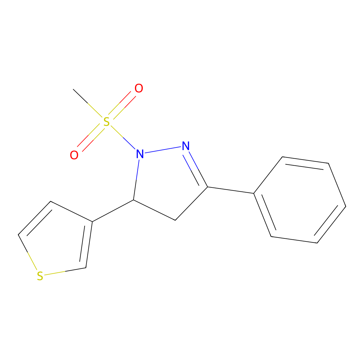 1-methanesulfonyl-3-phenyl-5-(thiophen-3-yl)-4,5-dihydro-1H-pyrazole molecular structure, CAS 1788025-90-0