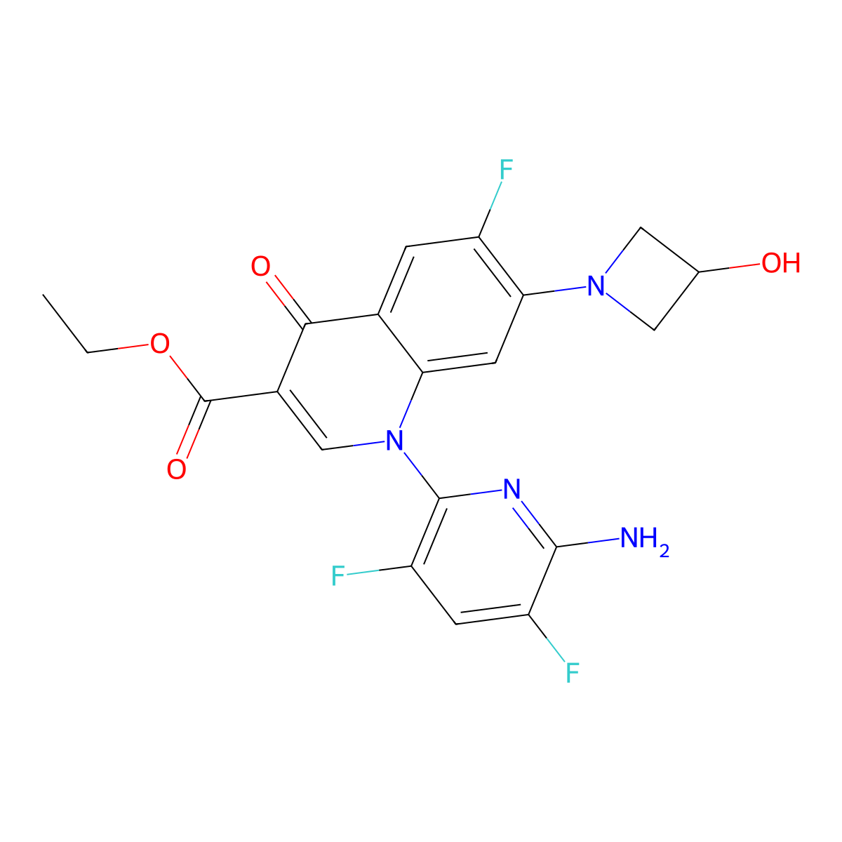 Ethyl 1-(6-amino-3,5-difluoropyridin-2-yl)-6-fluoro-7-(3-hydroxyazetidin-1-yl)-4-oxo-1,4-dihydroquinoline-3-carboxylate molecular structure, CAS 1788043-98-0