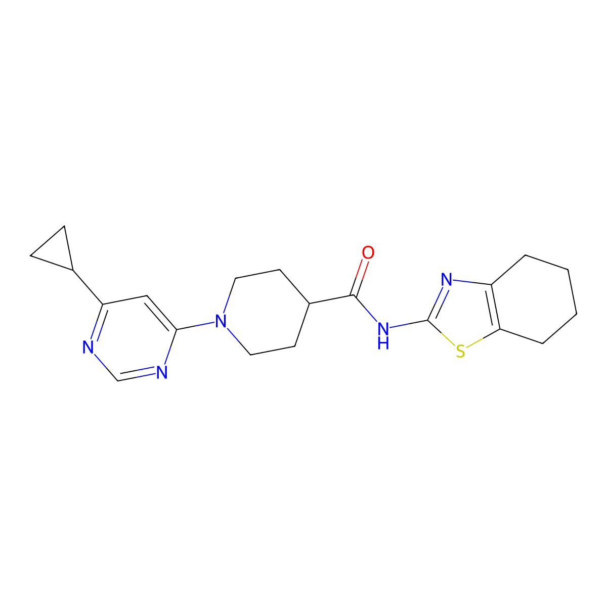 1-(6-cyclopropylpyrimidin-4-yl)-N-(4,5,6,7-tetrahydrobenzo[d]thiazol-2-yl)piperidine-4-carboxamide molecular structure, CAS 1788532-23-9