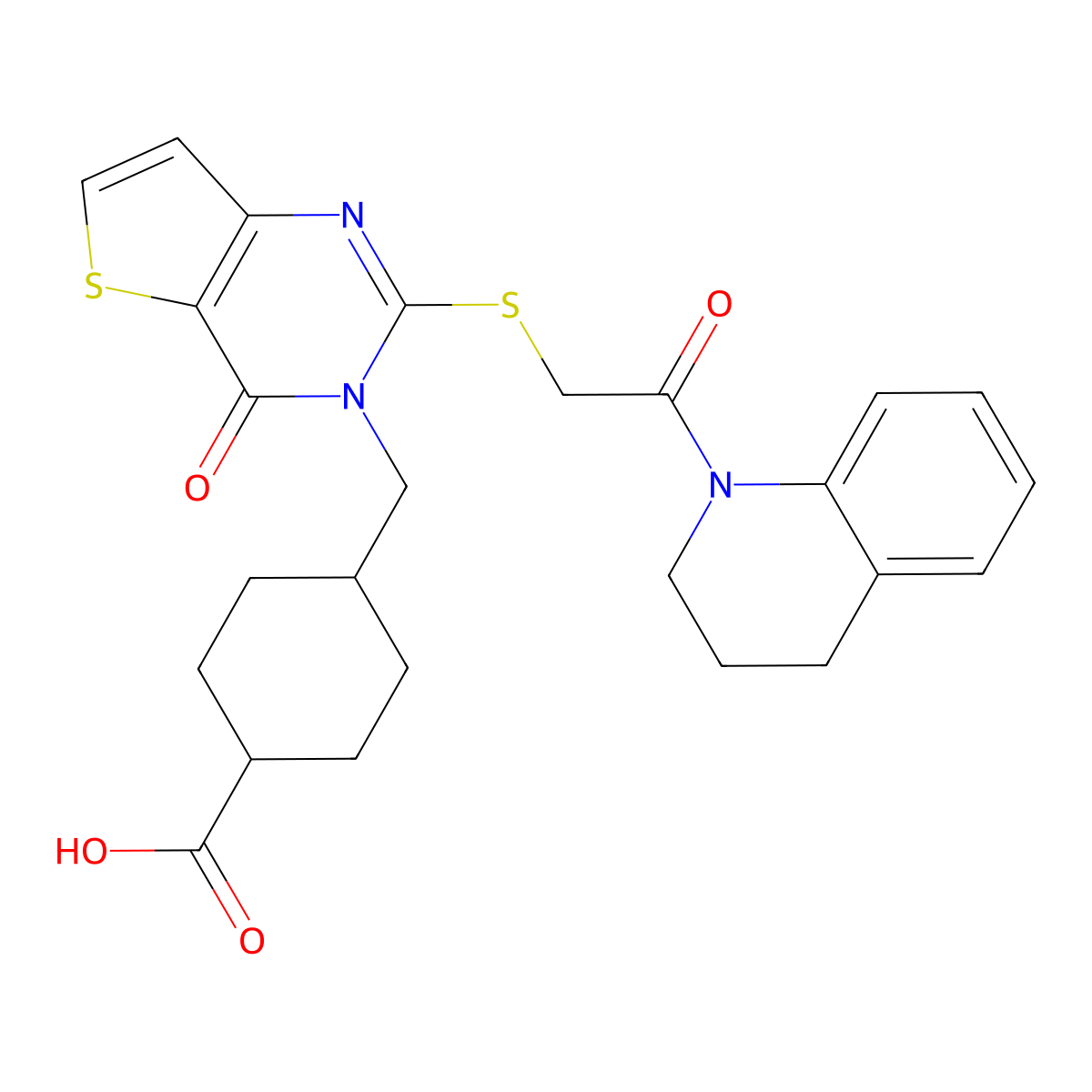 4-[(4-oxo-2-{[2-oxo-2-(1,2,3,4-tetrahydroquinolin-1-yl)ethyl]sulfanyl}-3H,4H-thieno[3,2-d]pyrimidin-3-yl)methyl]cyclohexane-1-carboxylic acid molecular structure, CAS 1788532-75-1