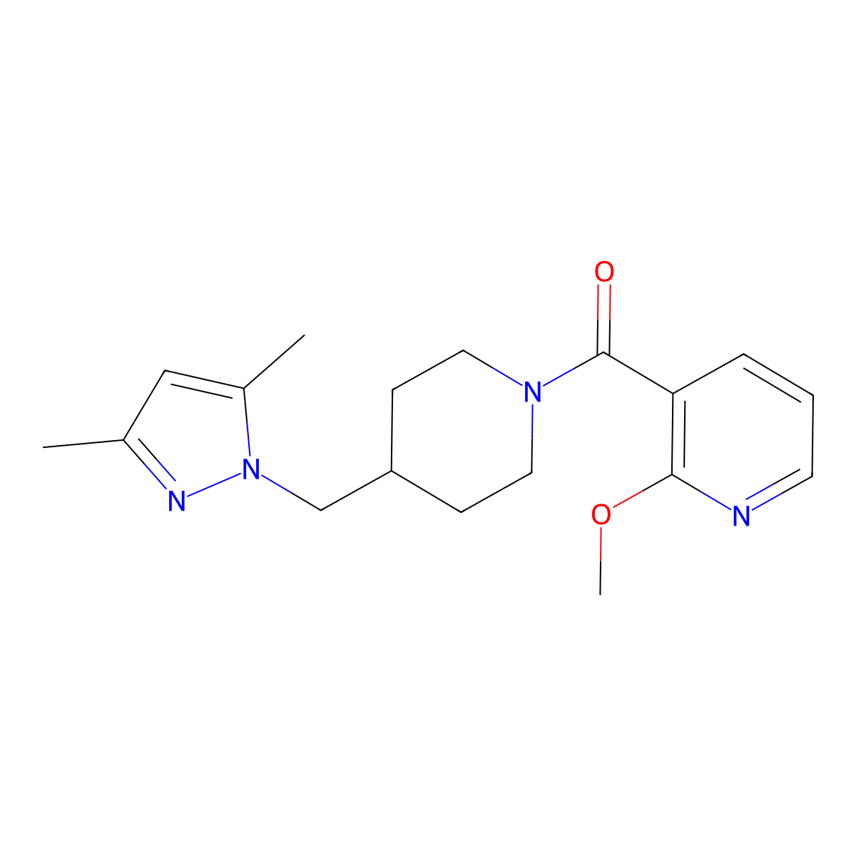 (4-((3,5-dimethyl-1H-pyrazol-1-yl)methyl)piperidin-1-yl)(2-methoxypyridin-3-yl)methanone molecular structure, CAS 1788532-91-1