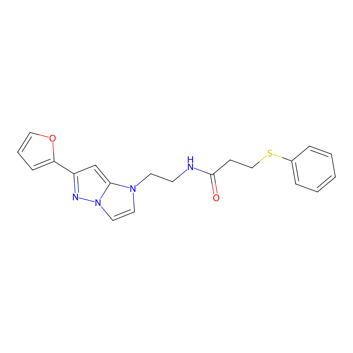 N-(2-(6-(furan-2-yl)-1H-imidazo[1,2-b]pyrazol-1-yl)ethyl)-3-(phenylthio)propanamide molecular structure, CAS 1788533-21-0