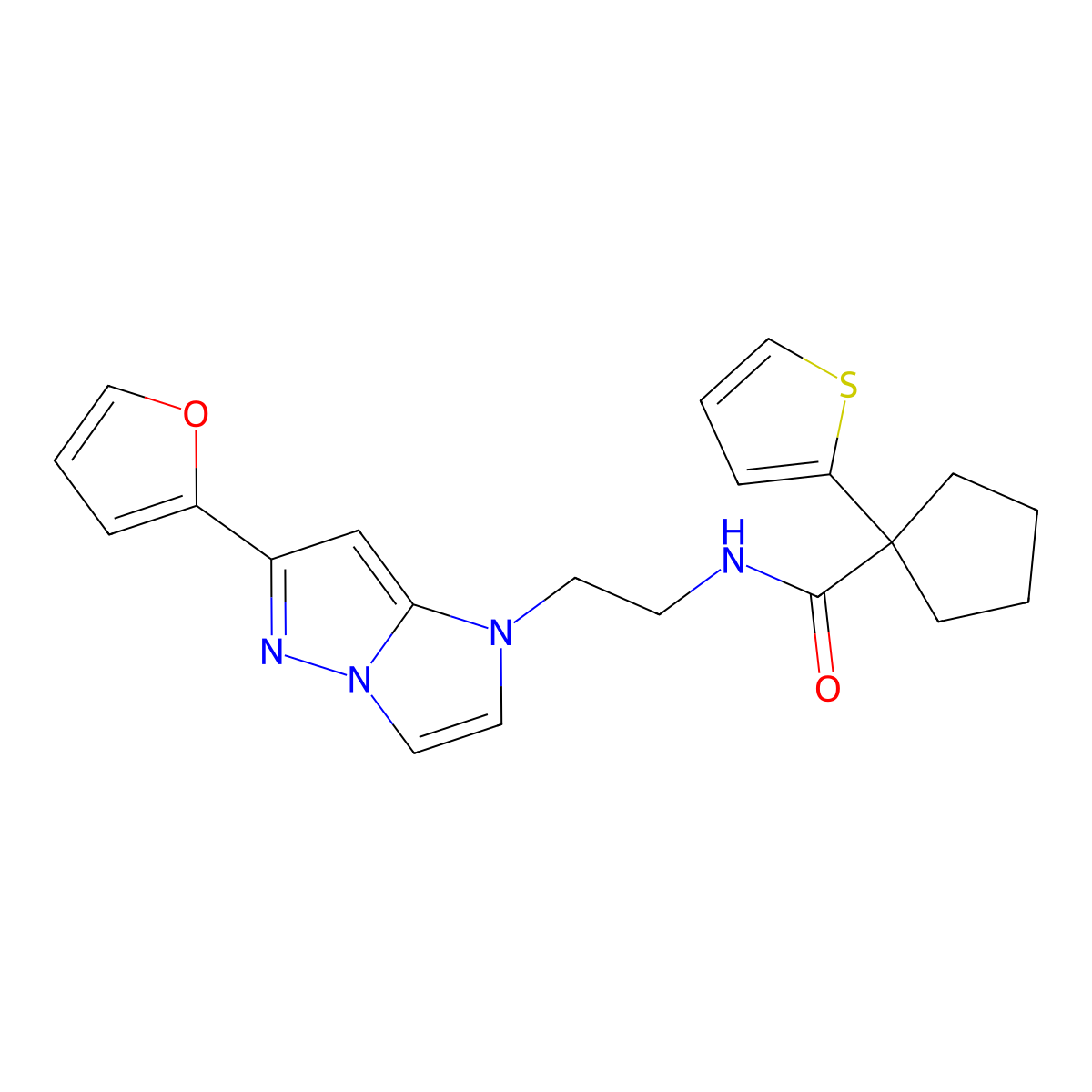 N-(2-(6-(furan-2-yl)-1H-imidazo[1,2-b]pyrazol-1-yl)ethyl)-1-(thiophen-2-yl)cyclopentanecarboxamide molecular structure, CAS 1788533-28-7