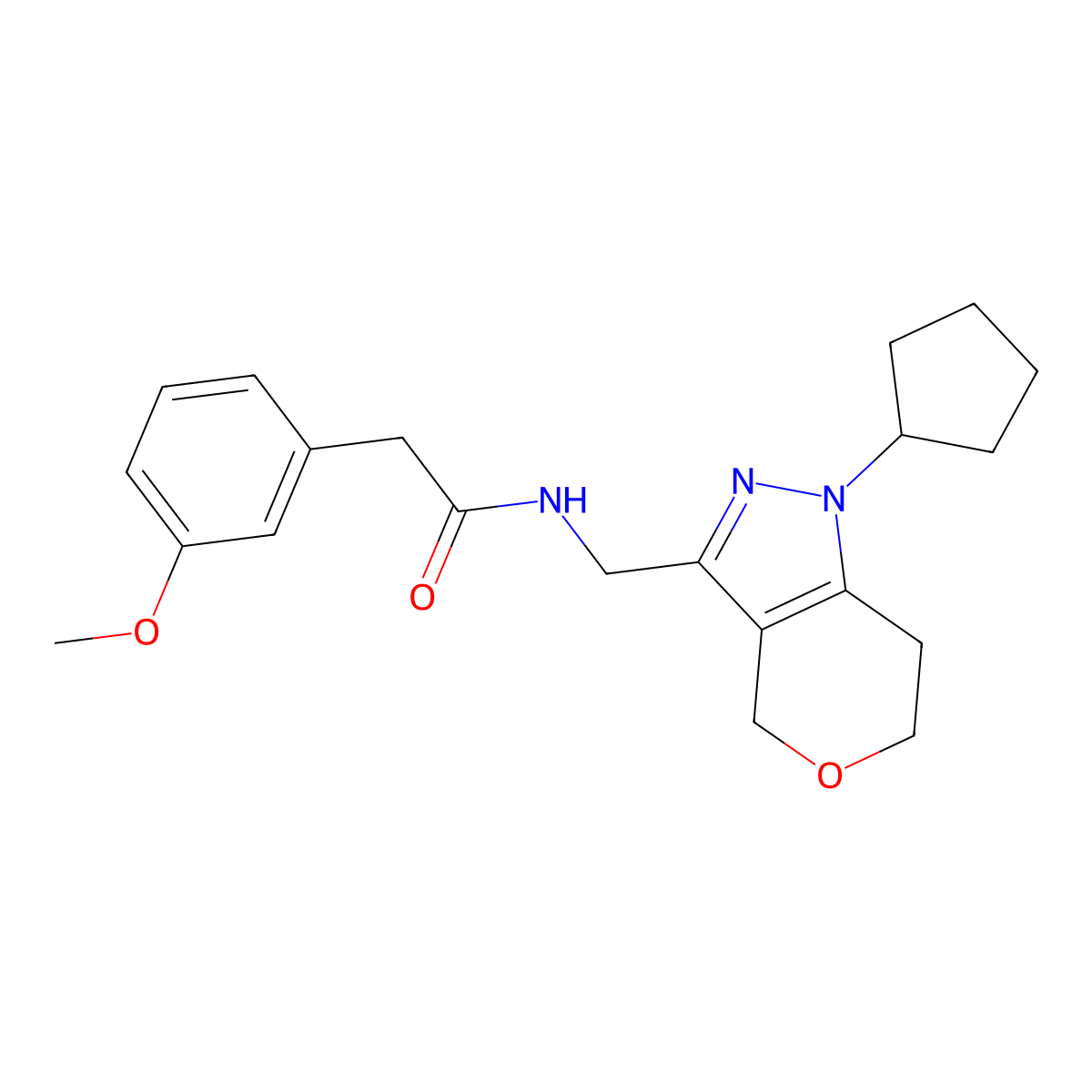 N-((1-cyclopentyl-1,4,6,7-tetrahydropyrano[4,3-c]pyrazol-3-yl)methyl)-2-(3-methoxyphenyl)acetamide molecular structure, CAS 1788533-33-4