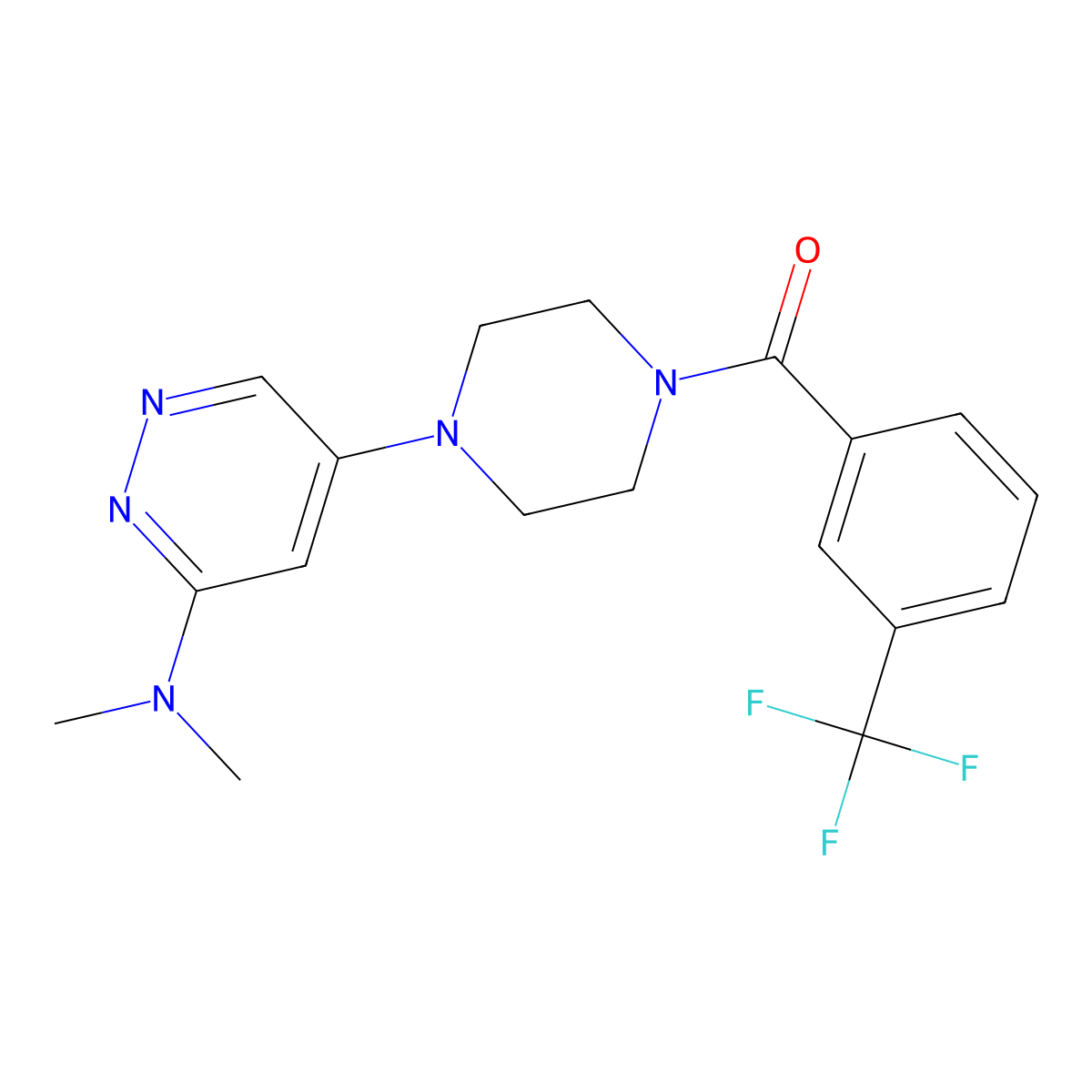 (4-(6-(Dimethylamino)pyridazin-4-yl)piperazin-1-yl)(3-(trifluoromethyl)phenyl)methanone molecular structure, CAS 1788543-04-3