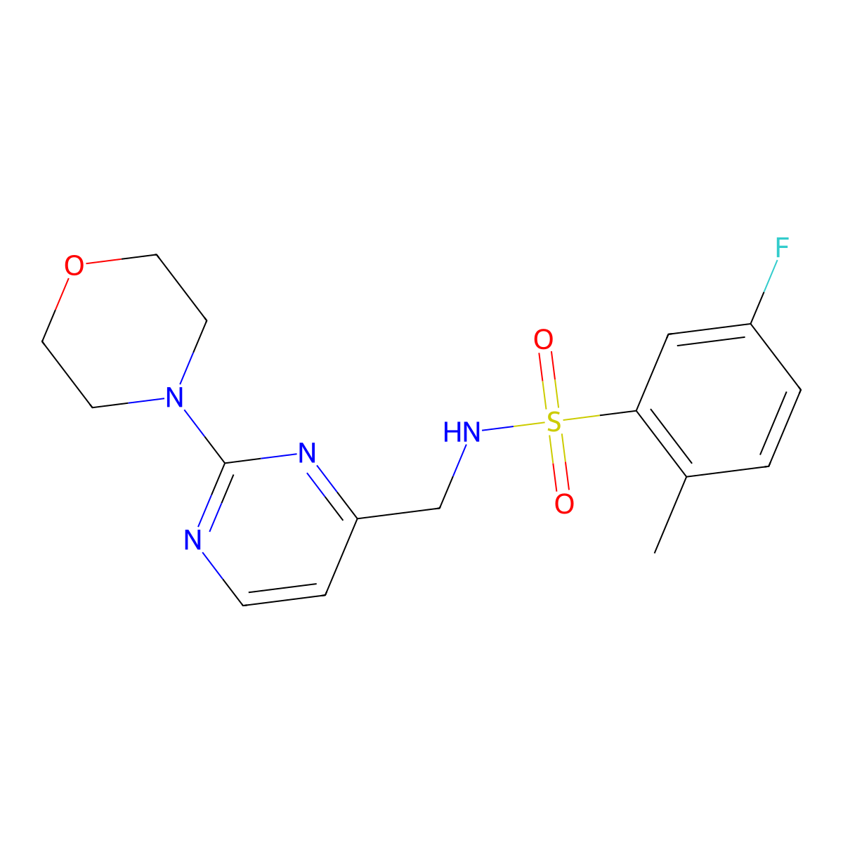 5-fluoro-2-methyl-N-((2-morpholinopyrimidin-4-yl)methyl)benzenesulfonamide molecular structure, CAS 1788543-11-2
