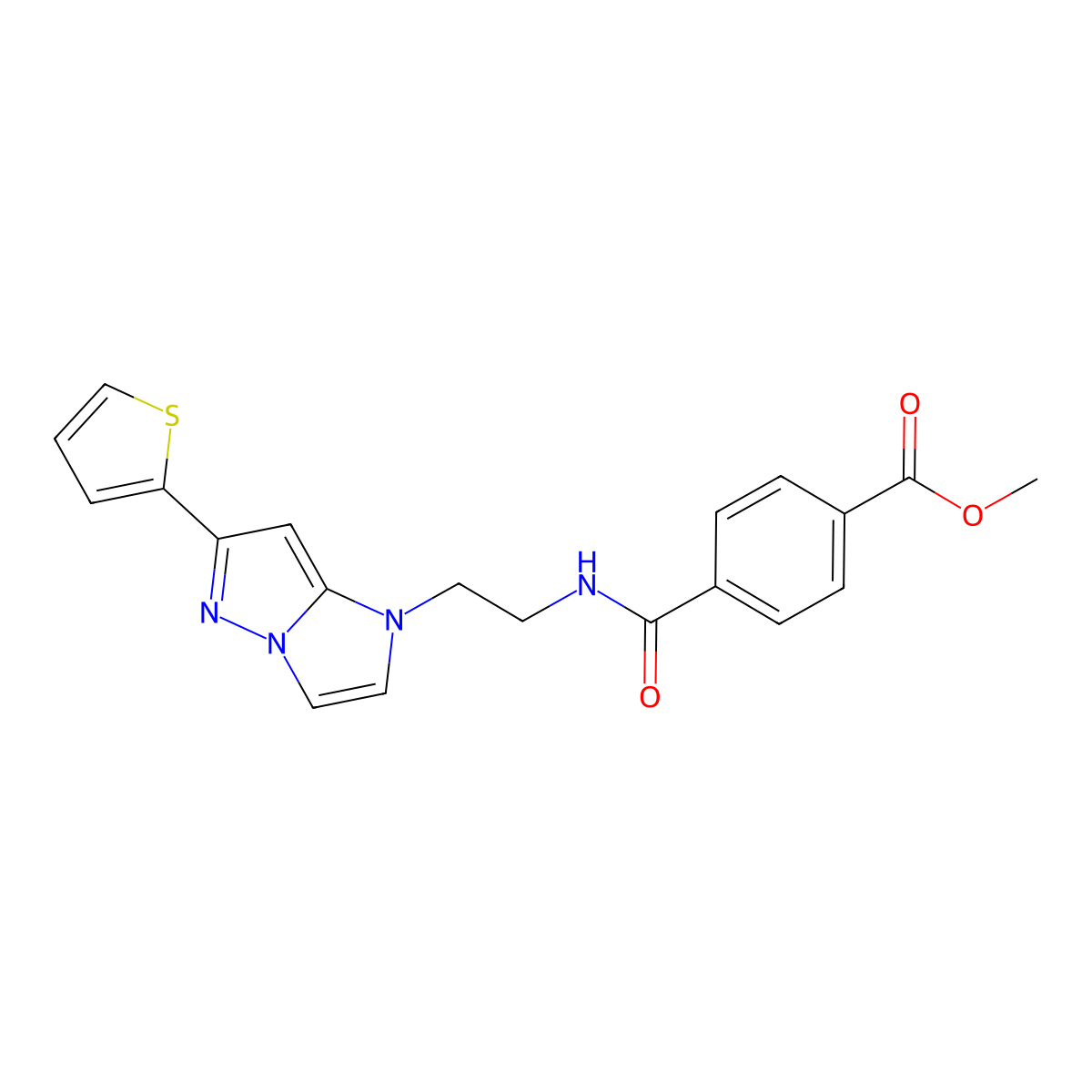 methyl 4-((2-(6-(thiophen-2-yl)-1H-imidazo[1,2-b]pyrazol-1-yl)ethyl)carbamoyl)benzoate molecular structure, CAS 1788543-51-0