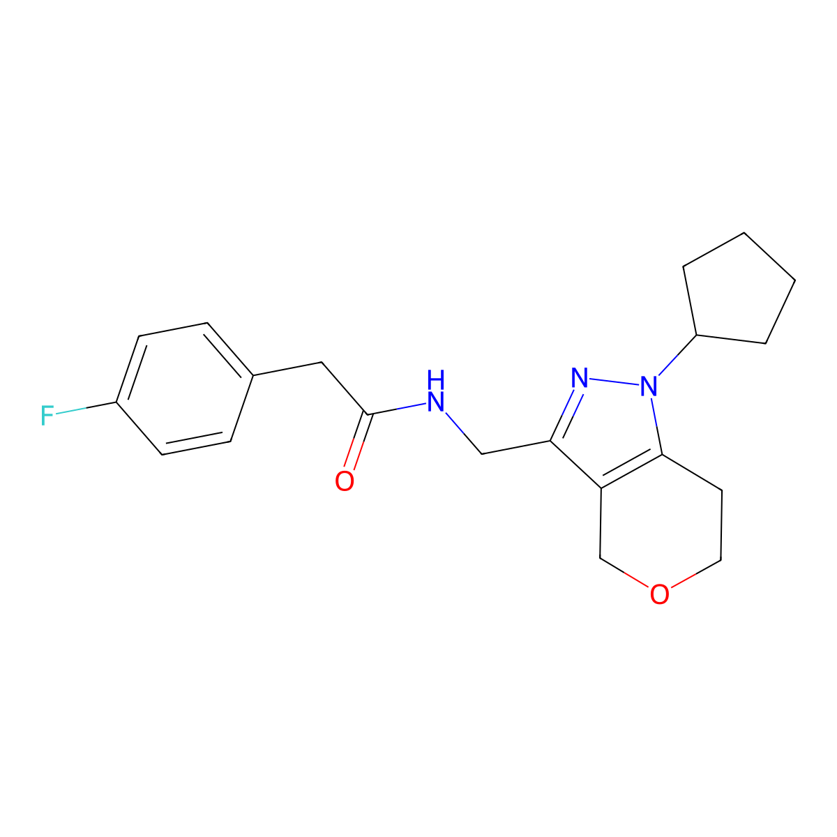 N-((1-cyclopentyl-1,4,6,7-tetrahydropyrano[4,3-c]pyrazol-3-yl)methyl)-2-(4-fluorophenyl)acetamide molecular structure, CAS 1788543-53-2