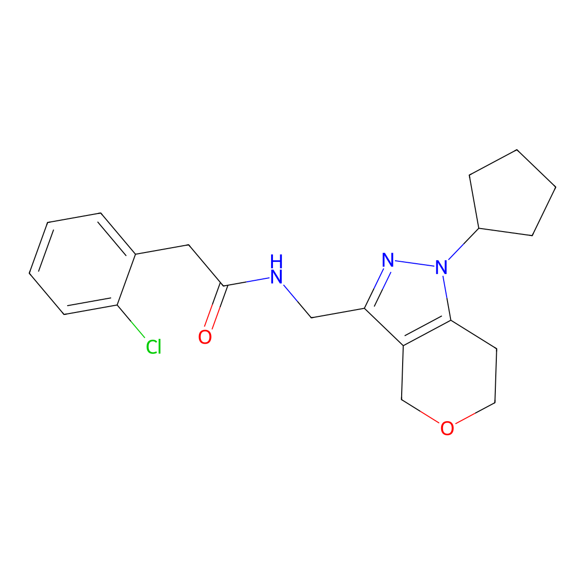 2-(2-chlorophenyl)-N-((1-cyclopentyl-1,4,6,7-tetrahydropyrano[4,3-c]pyrazol-3-yl)methyl)acetamide molecular structure, CAS 1788543-56-5