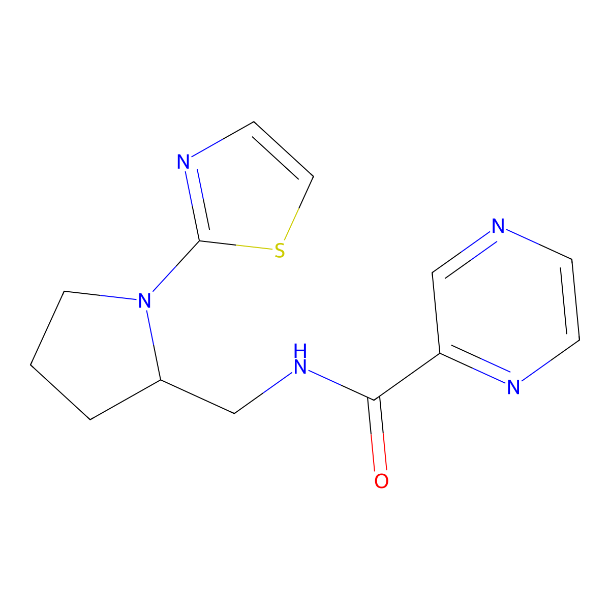 N-((1-(thiazol-2-yl)pyrrolidin-2-yl)methyl)pyrazine-2-carboxamide molecular structure, CAS 1788556-13-7