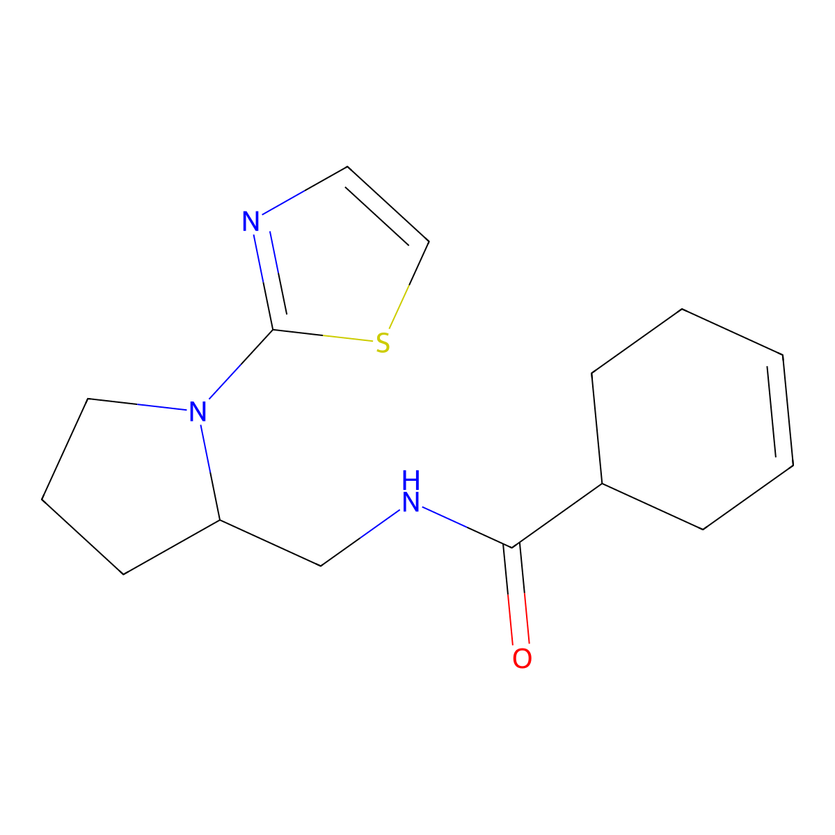 N-((1-(thiazol-2-yl)pyrrolidin-2-yl)methyl)cyclohex-3-enecarboxamide molecular structure, CAS 1788556-26-2