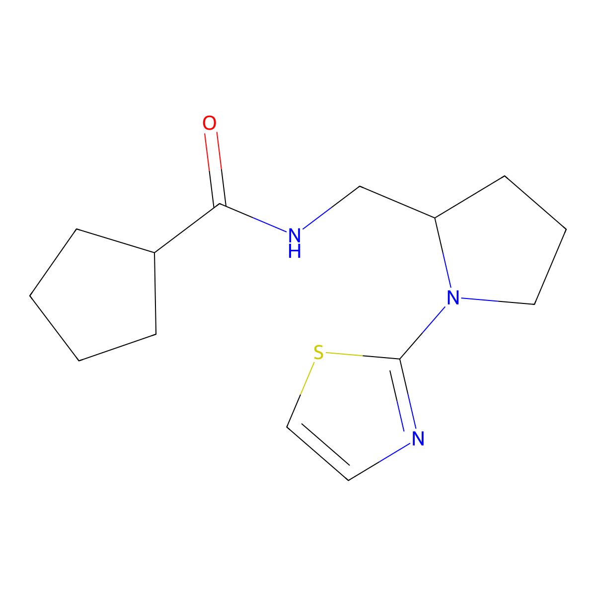N-((1-(thiazol-2-yl)pyrrolidin-2-yl)methyl)cyclopentanecarboxamide molecular structure, CAS 1788556-38-6