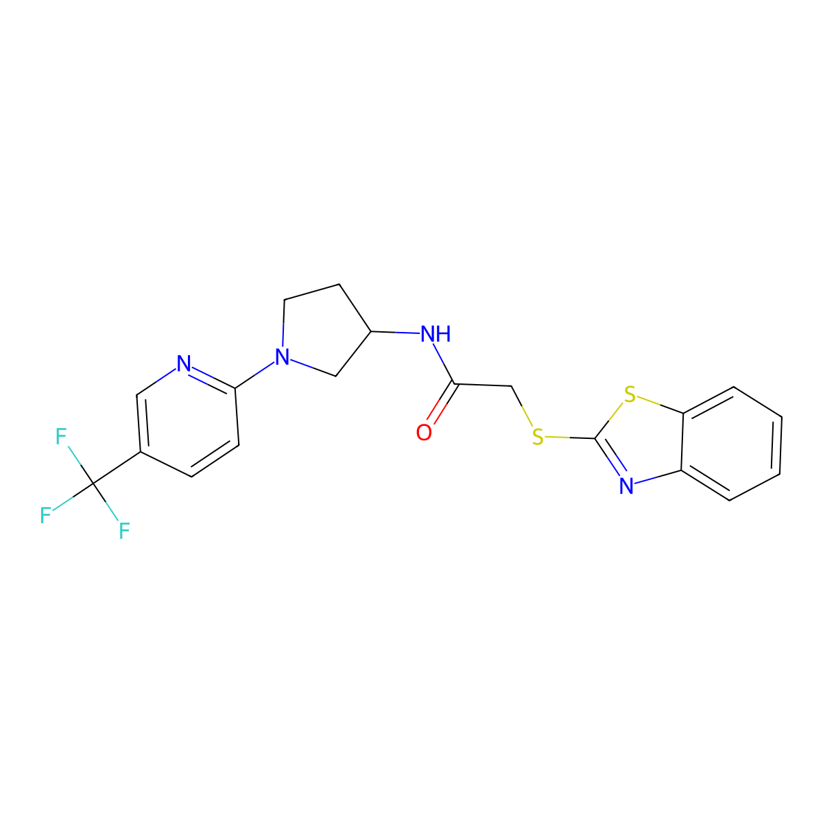 2-(benzo[d]thiazol-2-ylthio)-N-(1-(5-(trifluoromethyl)pyridin-2-yl)pyrrolidin-3-yl)acetamide molecular structure, CAS 1788556-86-4