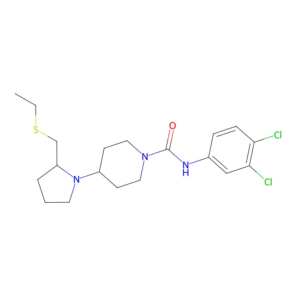 N-(3,4-dichlorophenyl)-4-(2-((ethylthio)methyl)pyrrolidin-1-yl)piperidine-1-carboxamide molecular structure, CAS 1788557-11-8