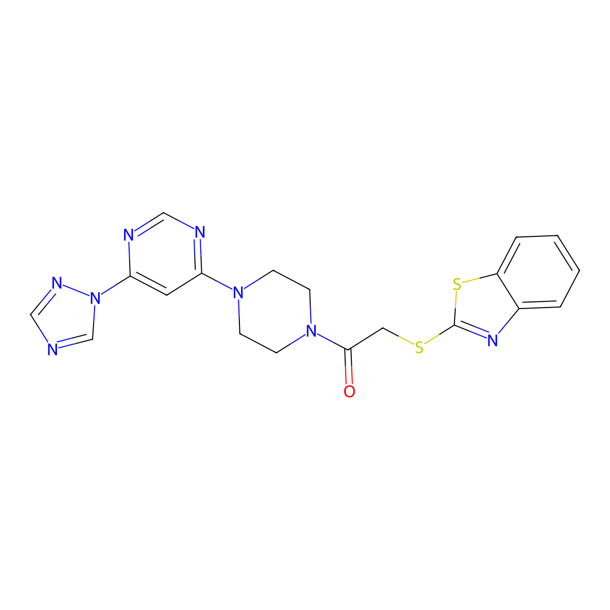 1-(4-(6-(1H-1,2,4-triazol-1-yl)pyrimidin-4-yl)piperazin-1-yl)-2-(benzo[d]thiazol-2-ylthio)ethanone molecular structure, CAS 1788557-43-6