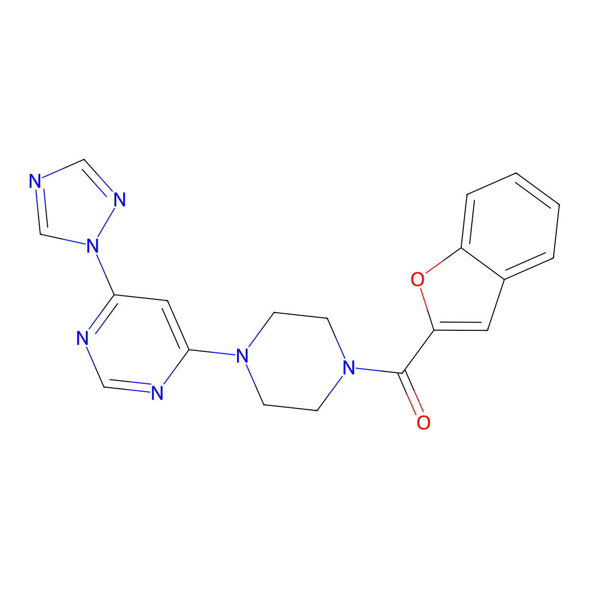 (4-(6-(1H-1,2,4-triazol-1-yl)pyrimidin-4-yl)piperazin-1-yl)(benzofuran-2-yl)methanone molecular structure, CAS 1788557-49-2