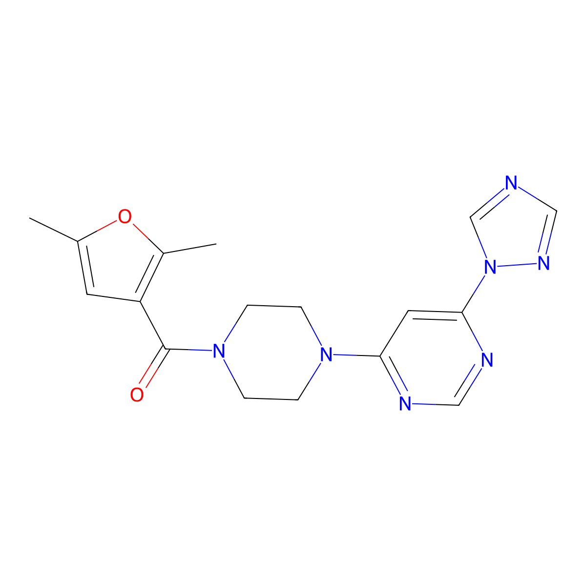 (4-(6-(1H-1,2,4-triazol-1-yl)pyrimidin-4-yl)piperazin-1-yl)(2,5-dimethylfuran-3-yl)methanone molecular structure, CAS 1788557-55-0