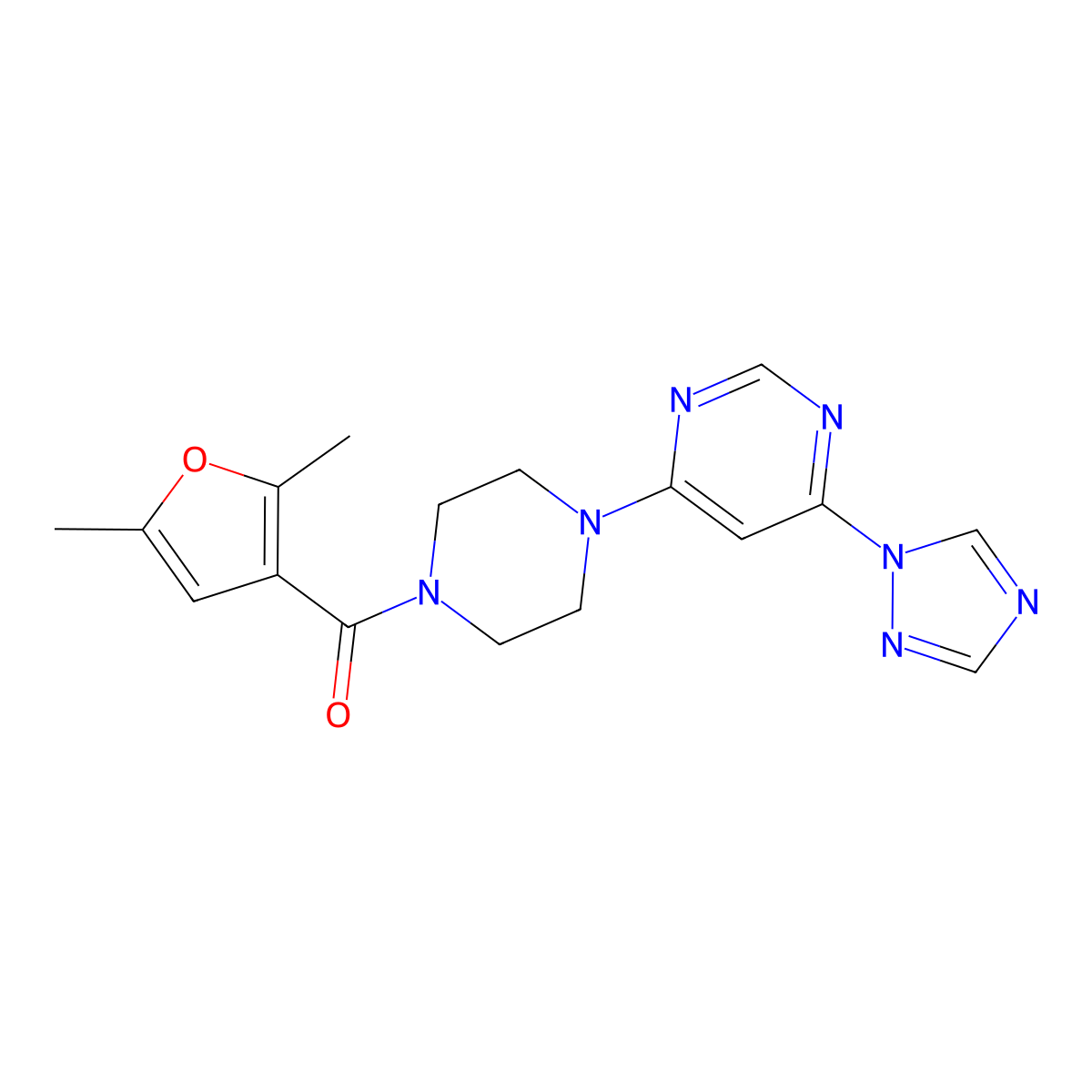(4-(6-(1H-1,2,4-triazol-1-yl)pyrimidin-4-yl)piperazin-1-yl)(2,5-dimethylfuran-3-yl)methanone molecular structure, CAS 1788557-55-0