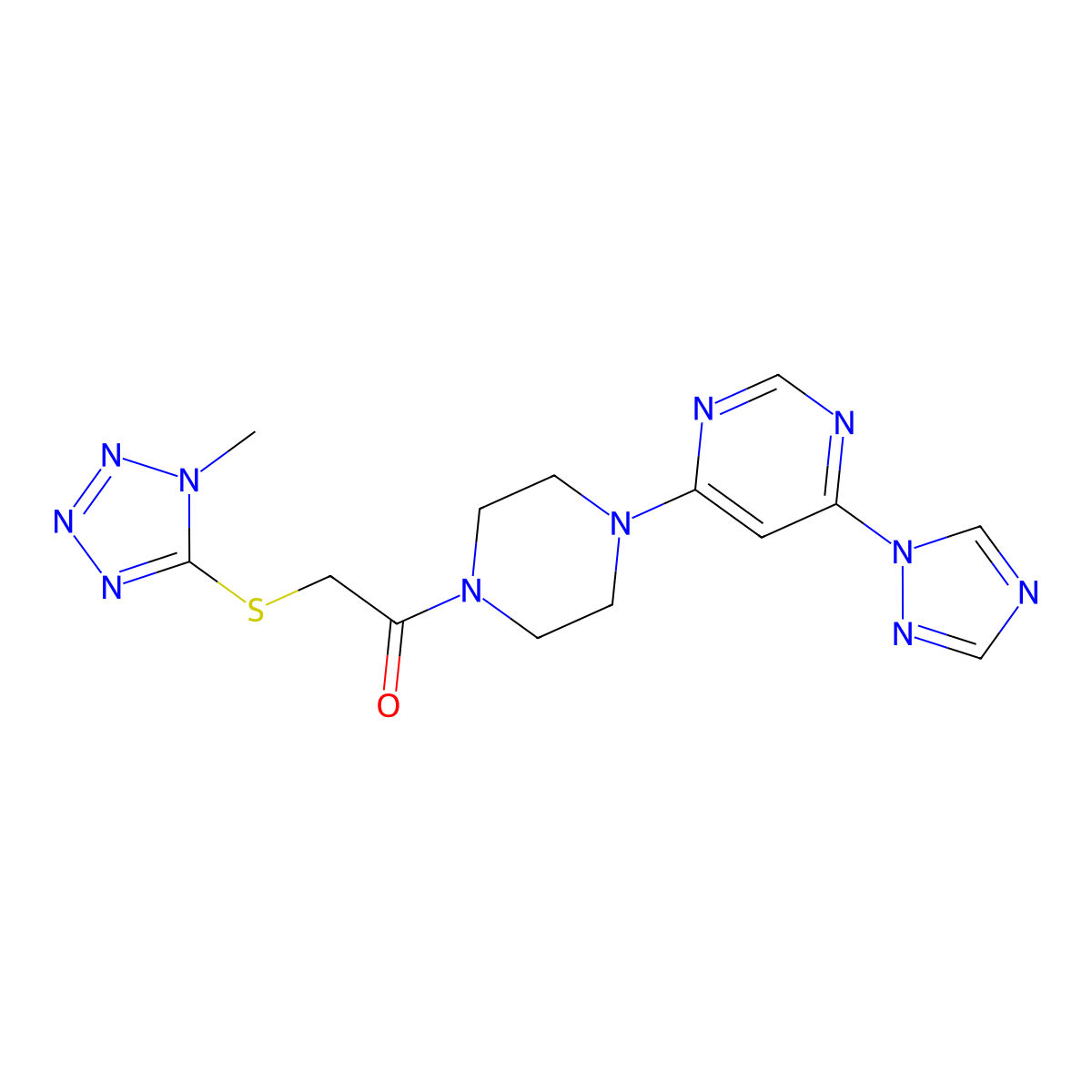 1-(4-(6-(1H-1,2,4-triazol-1-yl)pyrimidin-4-yl)piperazin-1-yl)-2-((1-methyl-1H-tetrazol-5-yl)thio)ethanone molecular structure, CAS 1788557-59-4