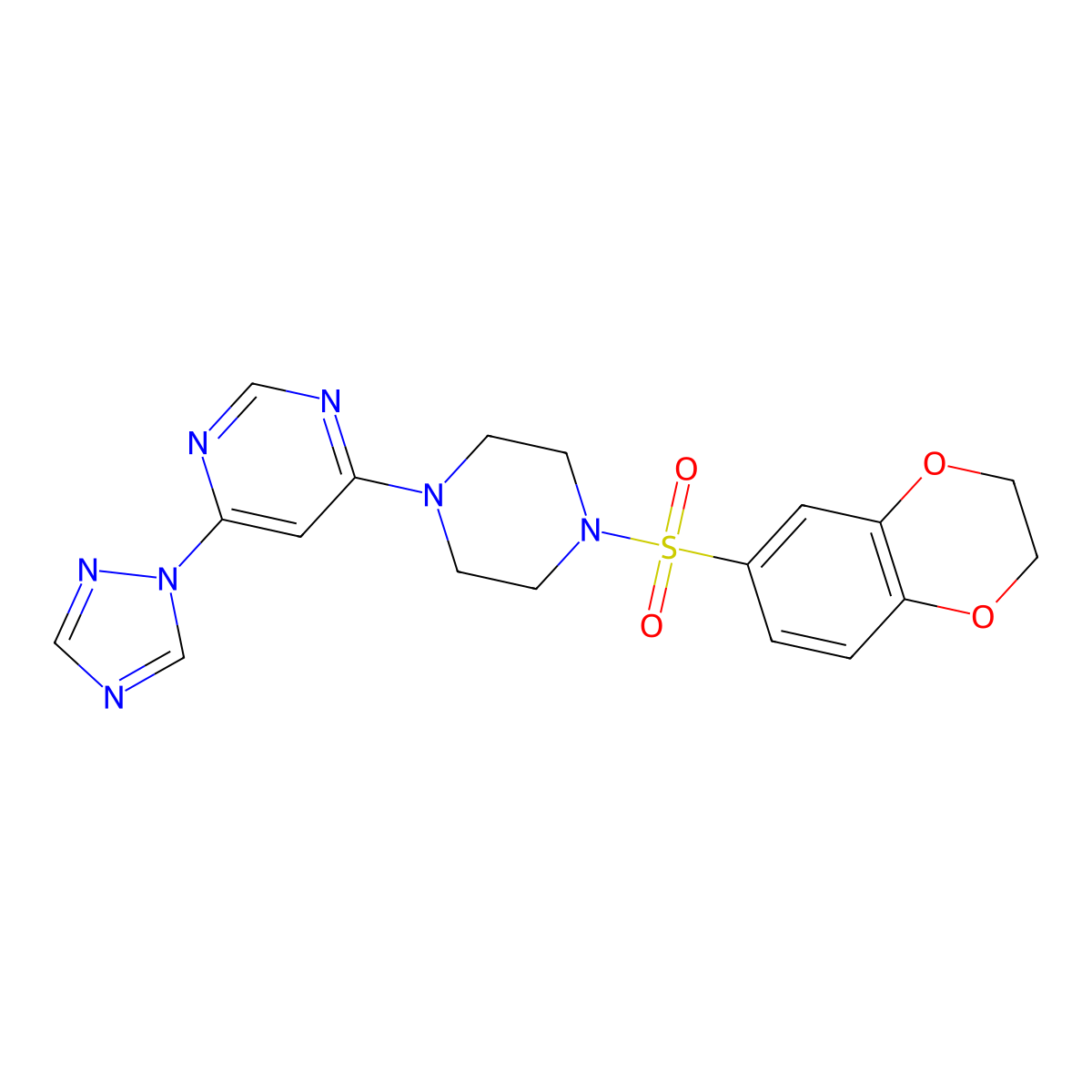 4-(4-((2,3-dihydrobenzo[b][1,4]dioxin-6-yl)sulfonyl)piperazin-1-yl)-6-(1H-1,2,4-triazol-1-yl)pyrimidine molecular structure, CAS 1788557-63-0