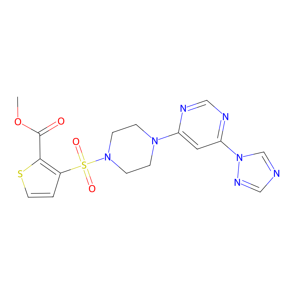 methyl 3-({4-[6-(1H-1,2,4-triazol-1-yl)pyrimidin-4-yl]piperazin-1-yl}sulfonyl)thiophene-2-carboxylate molecular structure, CAS 1788557-68-5