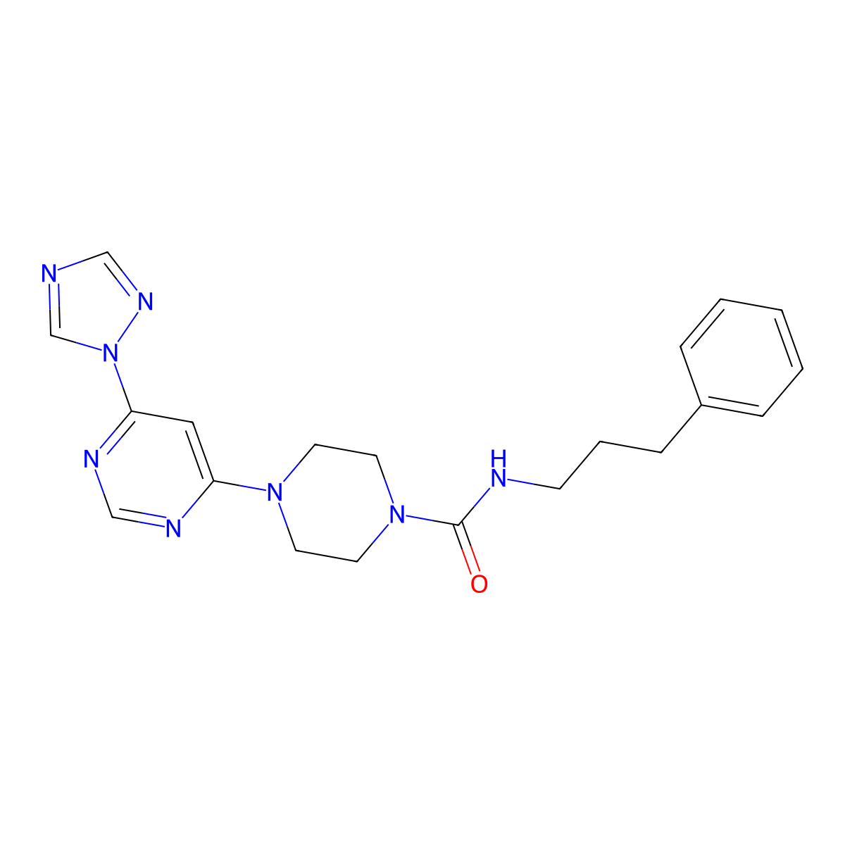 4-(6-(1H-1,2,4-triazol-1-yl)pyrimidin-4-yl)-N-(3-phenylpropyl)piperazine-1-carboxamide molecular structure, CAS 1788557-72-1