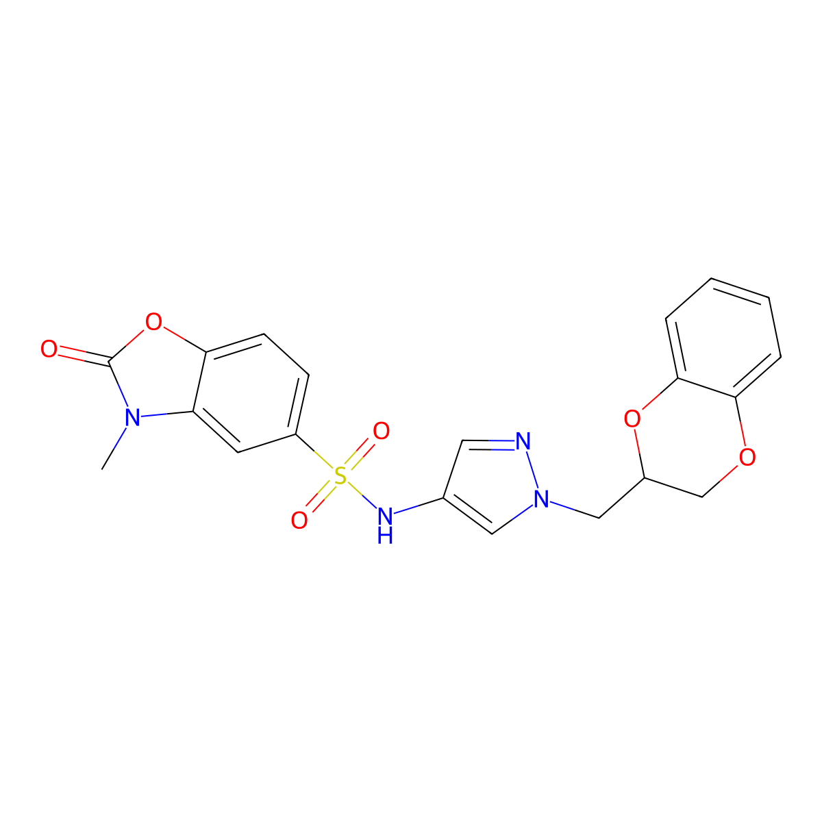 N-{1-[(2,3-dihydro-1,4-benzodioxin-2-yl)methyl]-1H-pyrazol-4-yl}-3-methyl-2-oxo-2,3-dihydro-1,3-benzoxazole-5-sulfonamide molecular structure, CAS 1788557-94-7