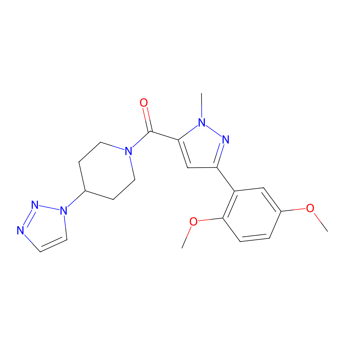 (4-(1H-1,2,3-triazol-1-yl)piperidin-1-yl)(3-(2,5-dimethoxyphenyl)-1-methyl-1H-pyrazol-5-yl)methanone molecular structure, CAS 1788558-32-6