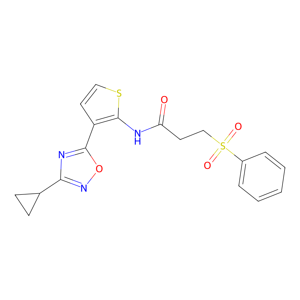 N-(3-(3-cyclopropyl-1,2,4-oxadiazol-5-yl)thiophen-2-yl)-3-(phenylsulfonyl)propanamide molecular structure, CAS 1788560-84-8