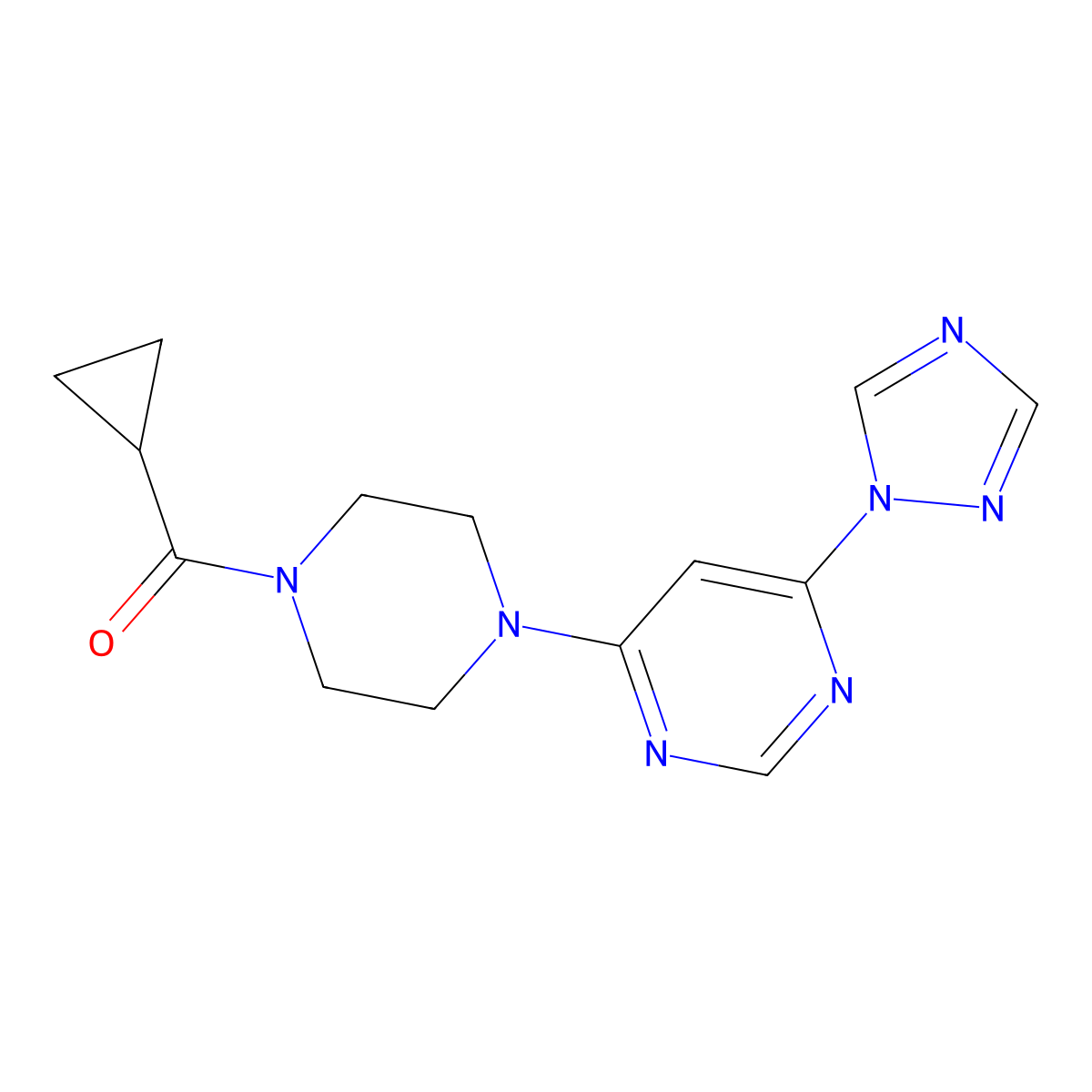 (4-(6-(1H-1,2,4-triazol-1-yl)pyrimidin-4-yl)piperazin-1-yl)(cyclopropyl)methanone molecular structure, CAS 1788562-00-4