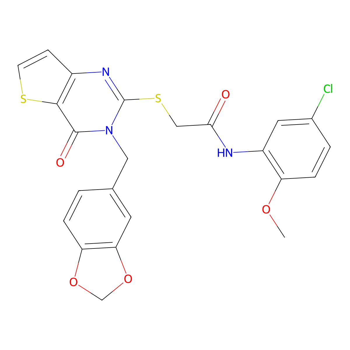 2-((3-(benzo[d][1,3]dioxol-5-ylmethyl)-4-oxo-3,4-dihydrothieno[3,2-d]pyrimidin-2-yl)thio)-N-(5-chloro-2-methoxyphenyl)acetamide molecular structure, CAS 1788590-01-1