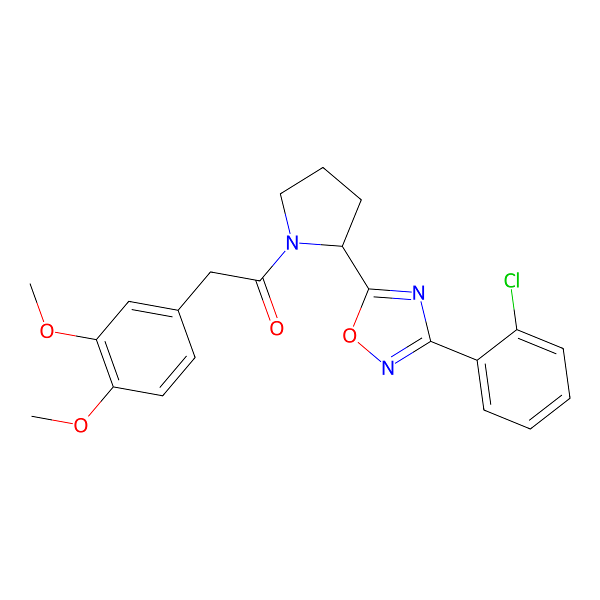 3-(2-Chlorophenyl)-5-{1-[(3,4-dimethoxyphenyl)acetyl]pyrrolidin-2-yl}-1,2,4-oxadiazole molecular structure, CAS 1788628-63-6