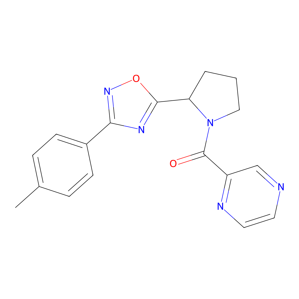 2-({2-[3-(4-Methylphenyl)-1,2,4-oxadiazol-5-yl]pyrrolidin-1-yl}carbonyl)pyrazine molecular structure, CAS 1788628-74-9