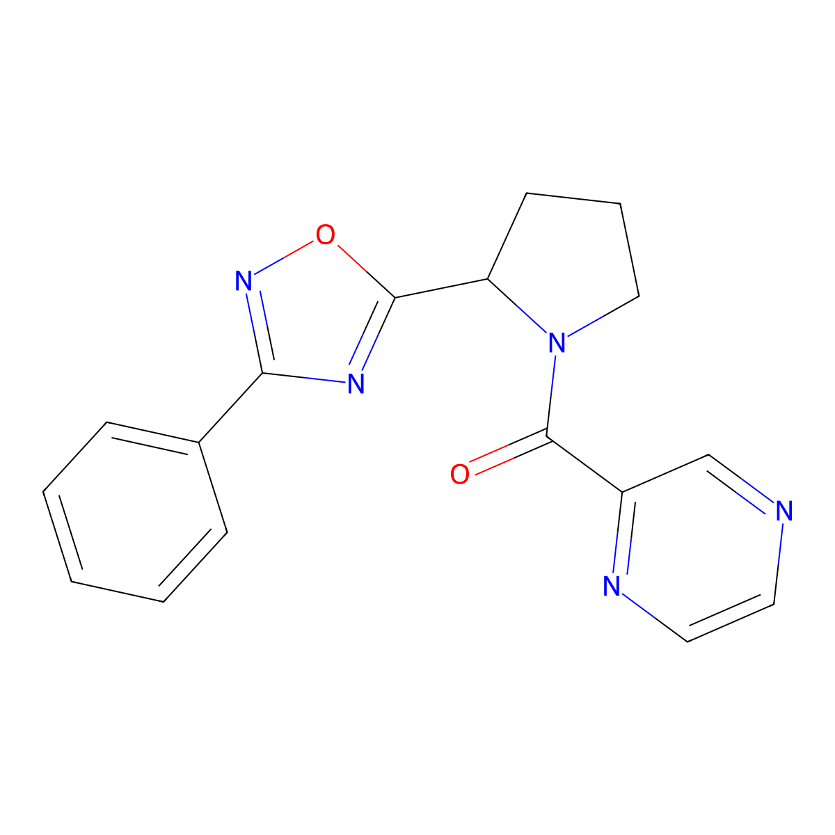 2-{[2-(3-Phenyl-1,2,4-oxadiazol-5-yl)pyrrolidin-1-yl]carbonyl}pyrazine molecular structure, CAS 1788628-99-8