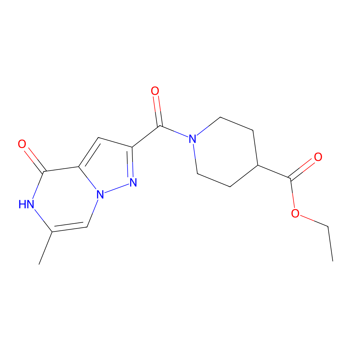 Ethyl 1-[(6-methyl-4-oxo-4,5-dihydropyrazolo[1,5-a]pyrazin-2-yl)carbonyl]piperidine-4-carboxylate molecular structure, CAS 1788673-56-2