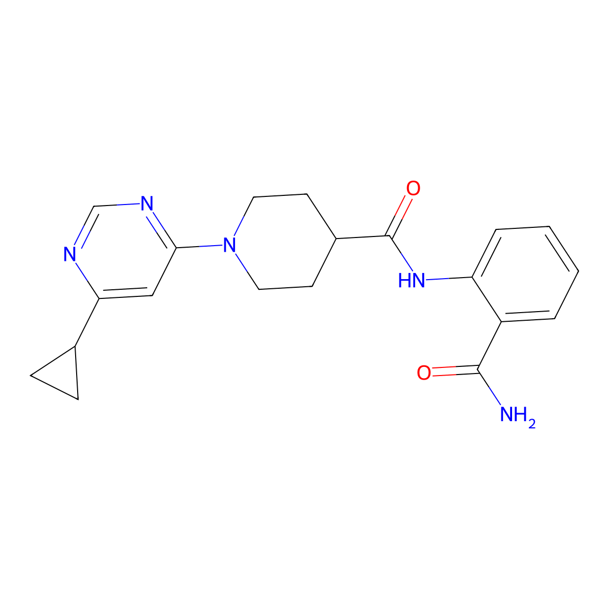 N-(2-carbamoylphenyl)-1-(6-cyclopropylpyrimidin-4-yl)piperidine-4-carboxamide molecular structure, CAS 1788674-01-0