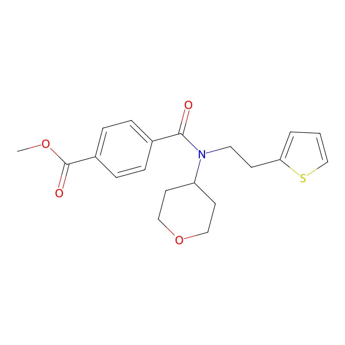 methyl 4-((tetrahydro-2H-pyran-4-yl)(2-(thiophen-2-yl)ethyl)carbamoyl)benzoate molecular structure, CAS 1788675-39-7
