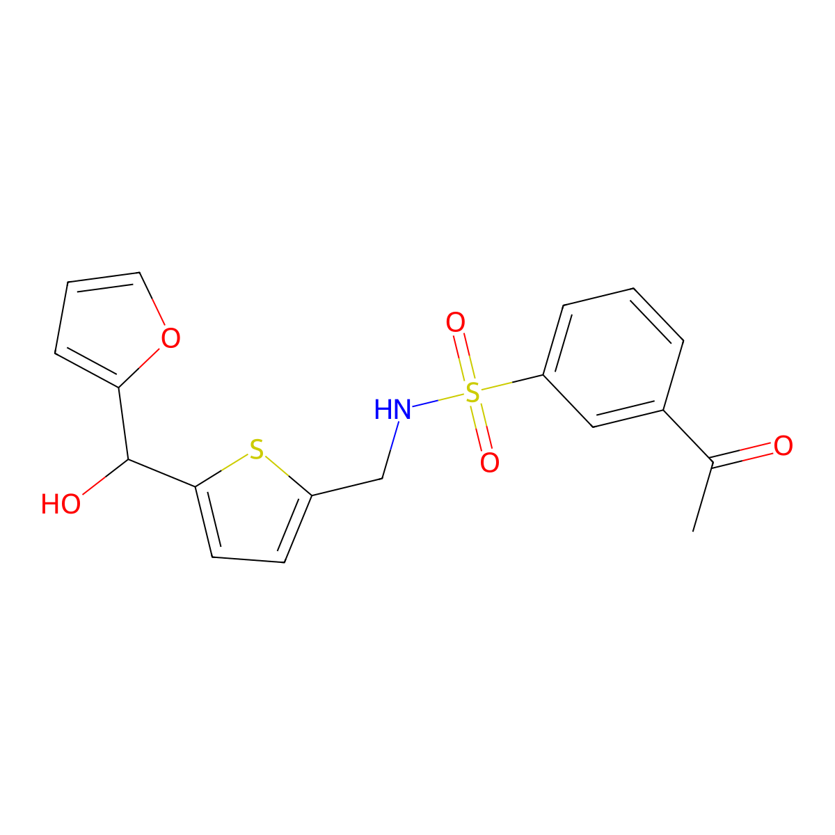 3-acetyl-N-((5-(furan-2-yl(hydroxy)methyl)thiophen-2-yl)methyl)benzenesulfonamide molecular structure, CAS 1788675-60-4