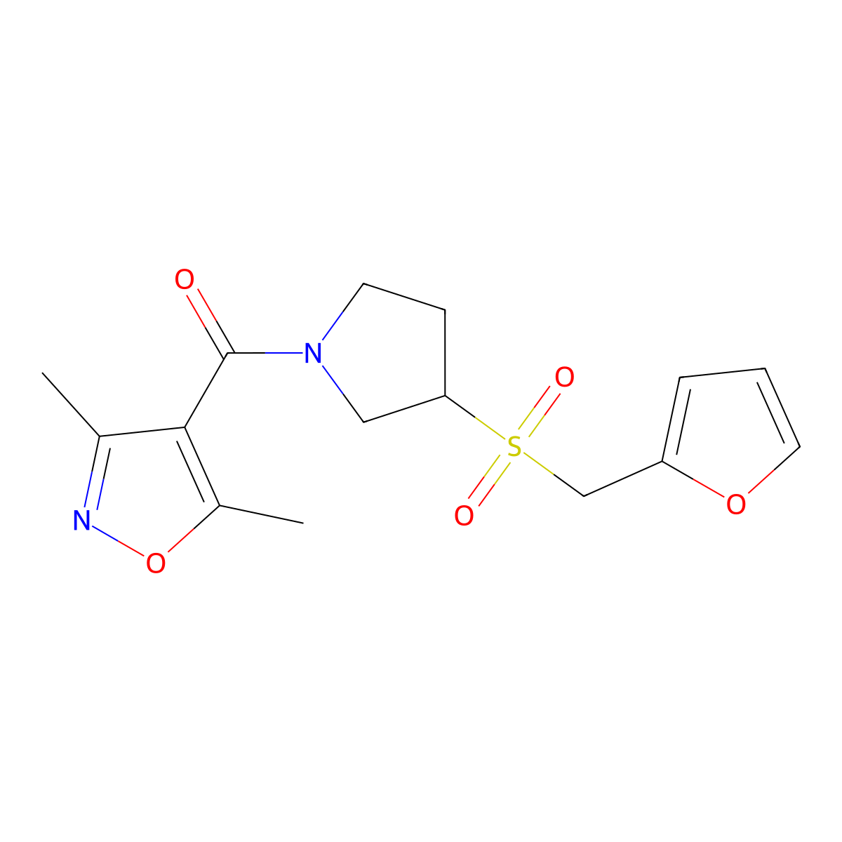 (3,5-Dimethylisoxazol-4-yl)(3-((furan-2-ylmethyl)sulfonyl)pyrrolidin-1-yl)methanone molecular structure, CAS 1788675-79-5
