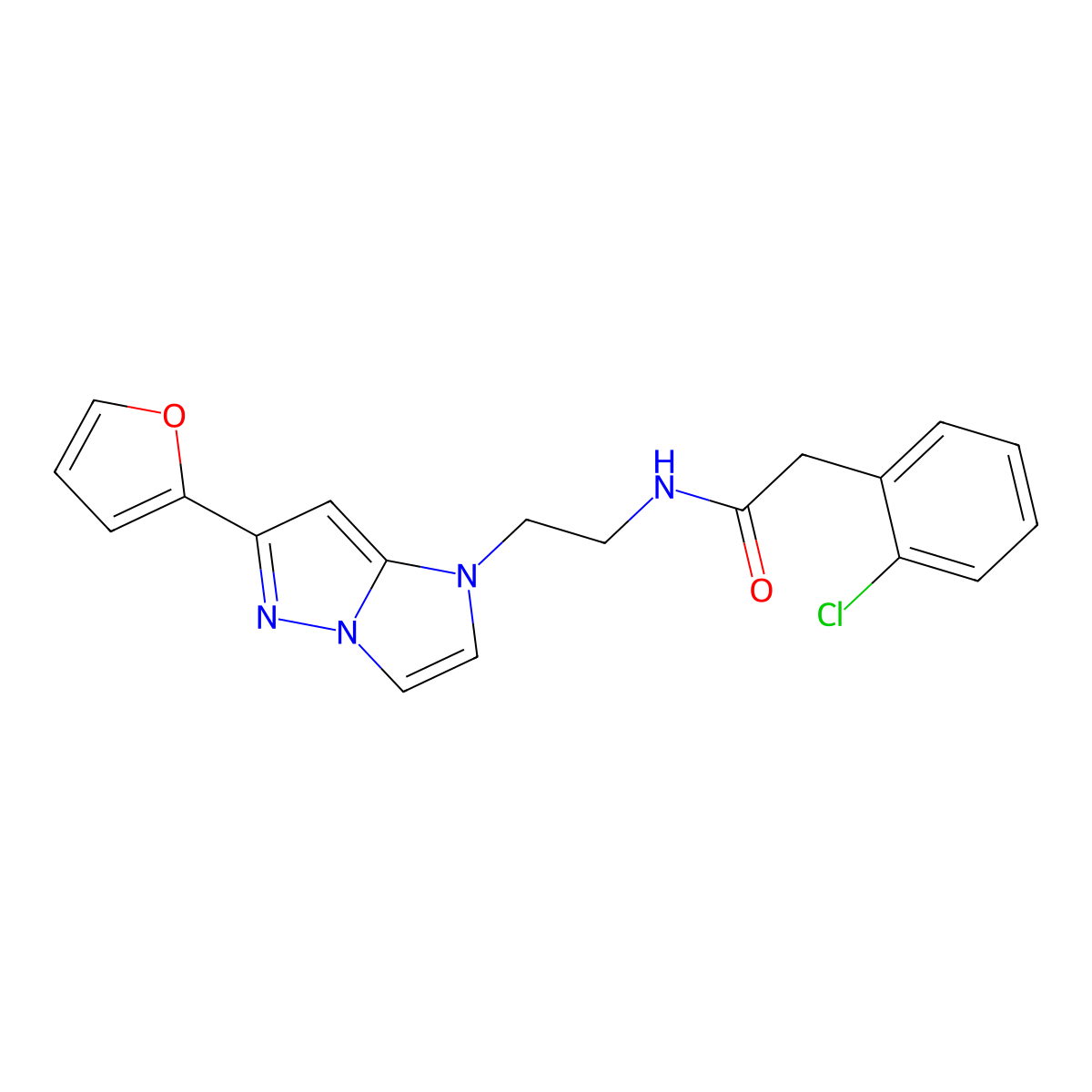 2-(2-chlorophenyl)-N-(2-(6-(furan-2-yl)-1H-imidazo[1,2-b]pyrazol-1-yl)ethyl)acetamide molecular structure, CAS 1788676-67-4