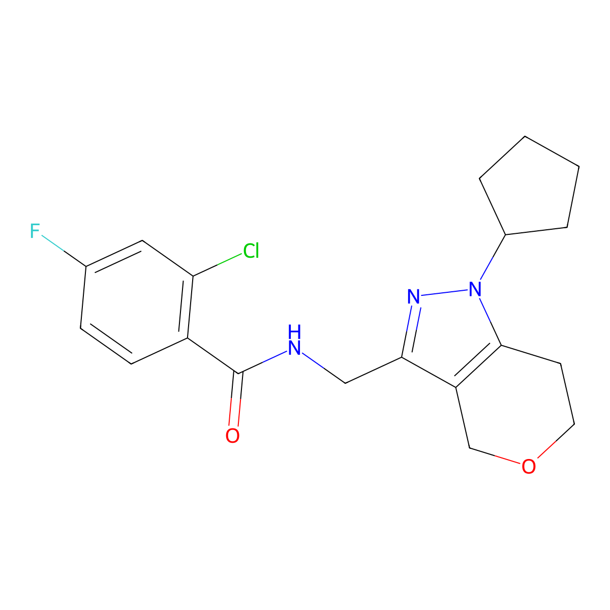 2-chloro-N-((1-cyclopentyl-1,4,6,7-tetrahydropyrano[4,3-c]pyrazol-3-yl)methyl)-4-fluorobenzamide molecular structure, CAS 1788676-80-1