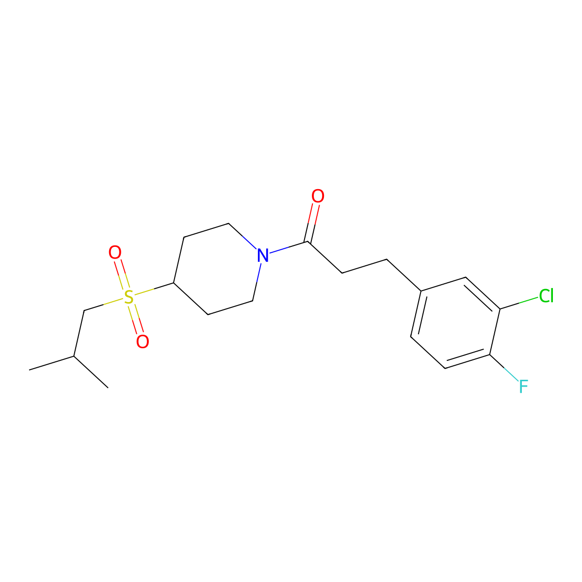 3-(3-Chloro-4-fluorophenyl)-1-(4-(isobutylsulfonyl)piperidin-1-yl)propan-1-one molecular structure, CAS 1788676-85-6