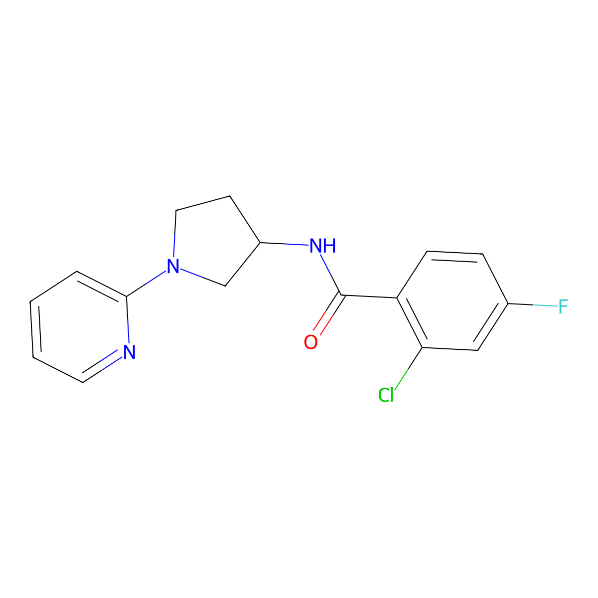 2-chloro-4-fluoro-N-[1-(pyridin-2-yl)pyrrolidin-3-yl]benzamide molecular structure, CAS 1788677-35-9