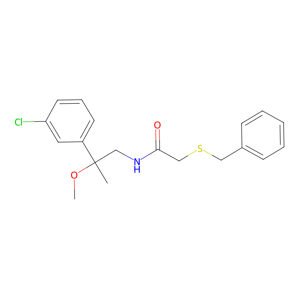 2-(benzylthio)-N-(2-(3-chlorophenyl)-2-methoxypropyl)acetamide molecular structure, CAS 1788677-46-2