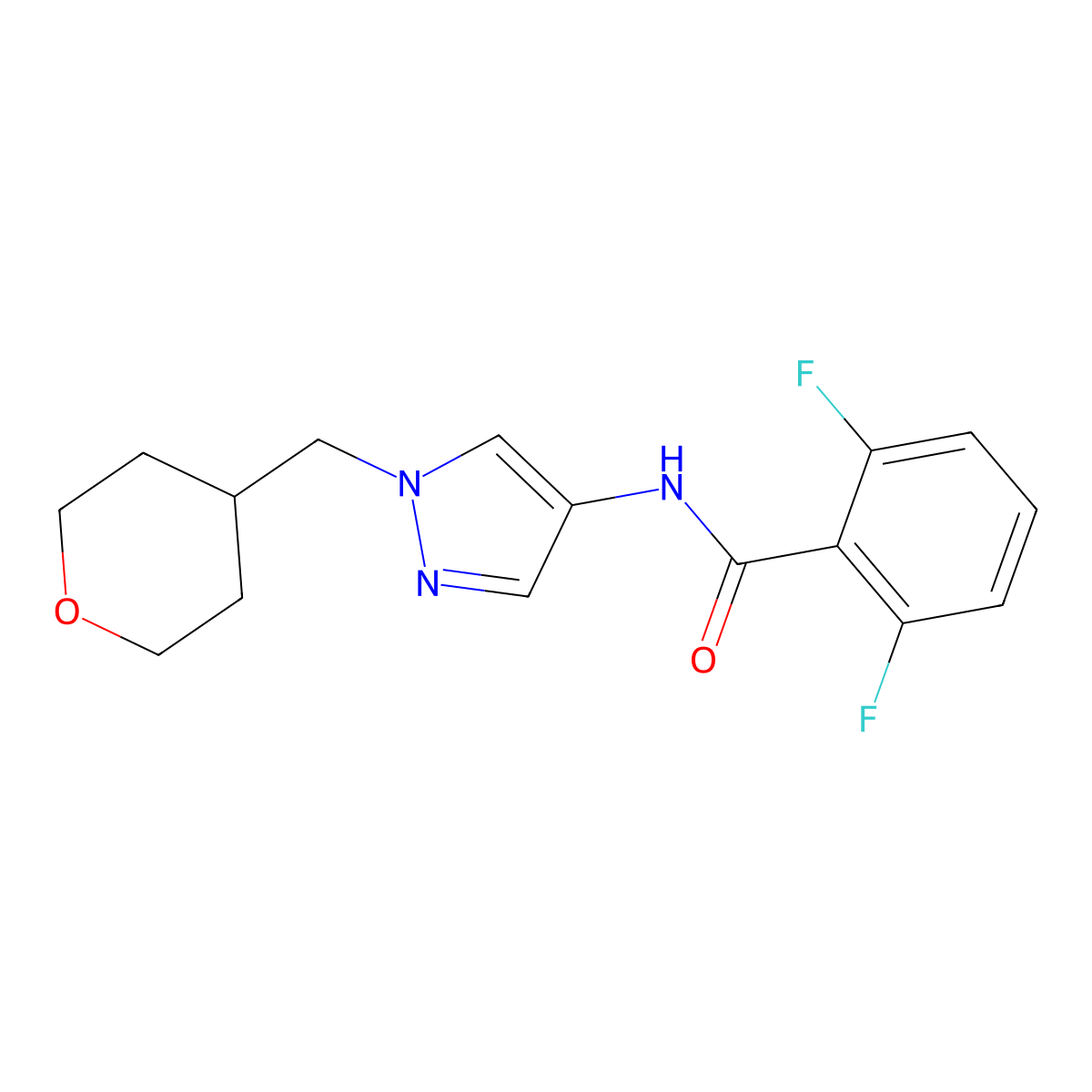 2,6-difluoro-N-(1-((tetrahydro-2H-pyran-4-yl)methyl)-1H-pyrazol-4-yl)benzamide molecular structure, CAS 1788677-53-1